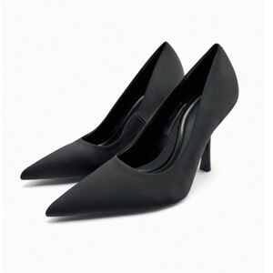 ZARA BLACK SATIN POINTED TOE HEELS